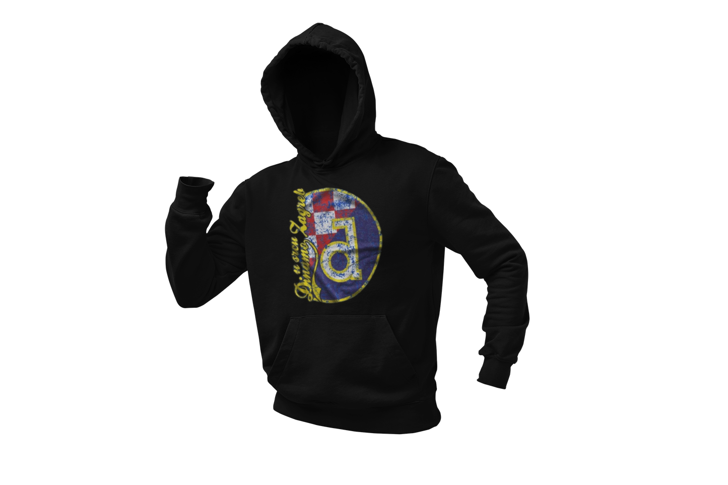 Black hoodie with colorful graphic design on a white background