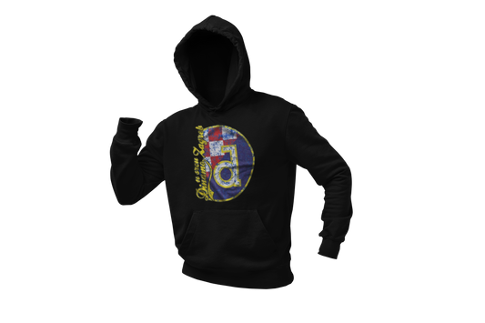 Black hoodie with colorful graphic design on a white background